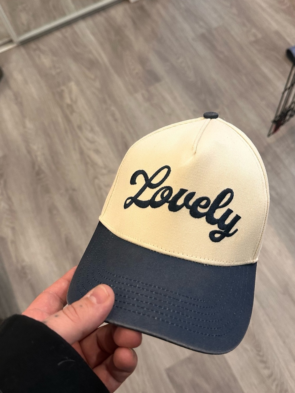 'Lovely' Two-Tone Baseball Cap in Cream and Navy